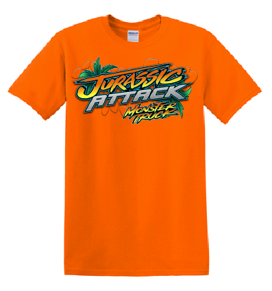 Jurassic Attack Monster Truck Orange Shirt Front adult