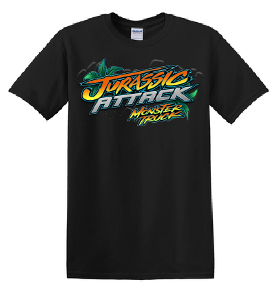 Jurassic Attack Monster Truck Black Shirt Front Youth