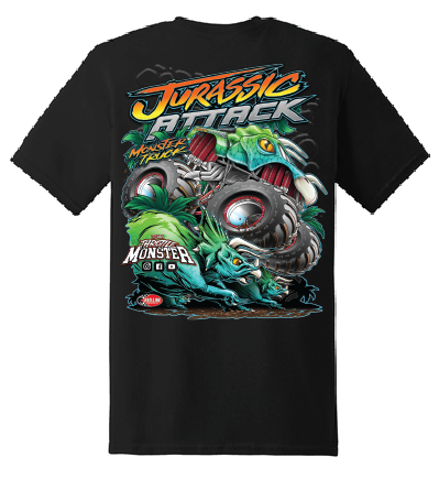 Jurassic Attack Monster Truck Black Shirt Back Adult