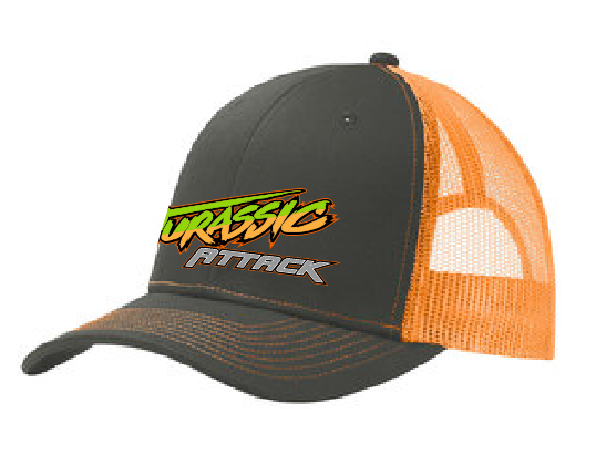 Jurassic Attack Monster Truck Logo on Grey and Orange Trucker Hat