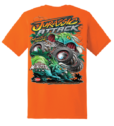 Jurassic attack monster truck orange shirt back youth