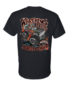 wrecking machine monster truck black shirt back adult